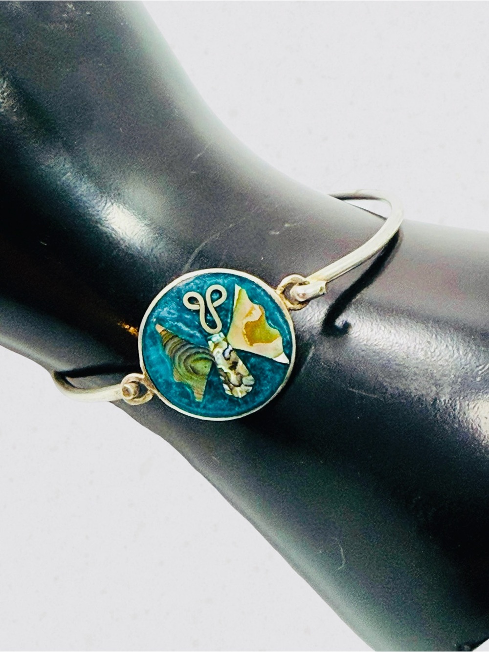 Vintage Mexican Alpaca Abalone Butterfly Silver Tone Bangle Bracelet Hook Close
